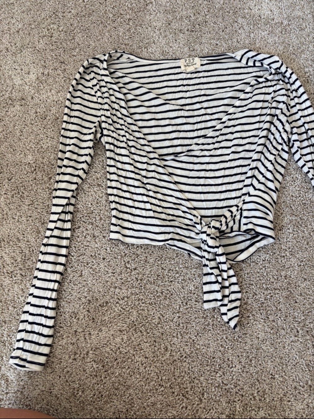 PST Lively Black & White Striped Tie-Waist Crop Top